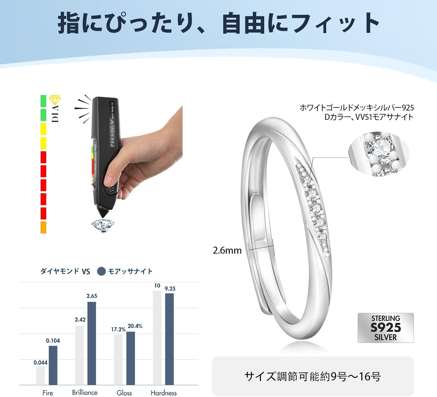 結婚指輪 ペアリング モアサナイト付き 調整可能 フリーサイズ S925銀製 ホワイトゴールド仕上げ 男女兼用 ギフトボックス付き_2