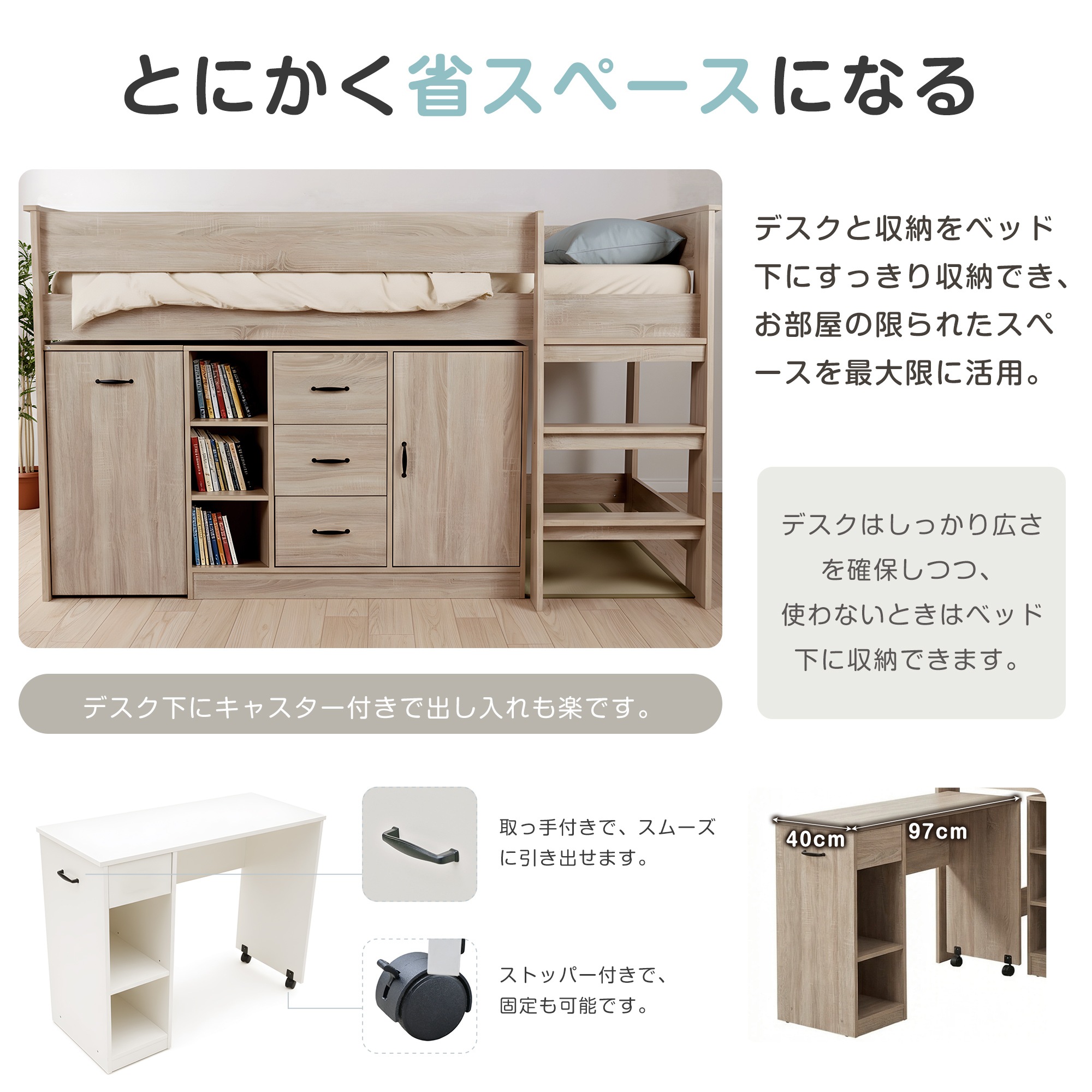 国内発送-送.料.無.料新品175【3梱包】システムベッド 3点セット 分離可能 高さ115cm シングル デスクベッド ロータイプ ハシゴ 学習机 すのこ キャビネット 収納棚 引き出し システムベ_5