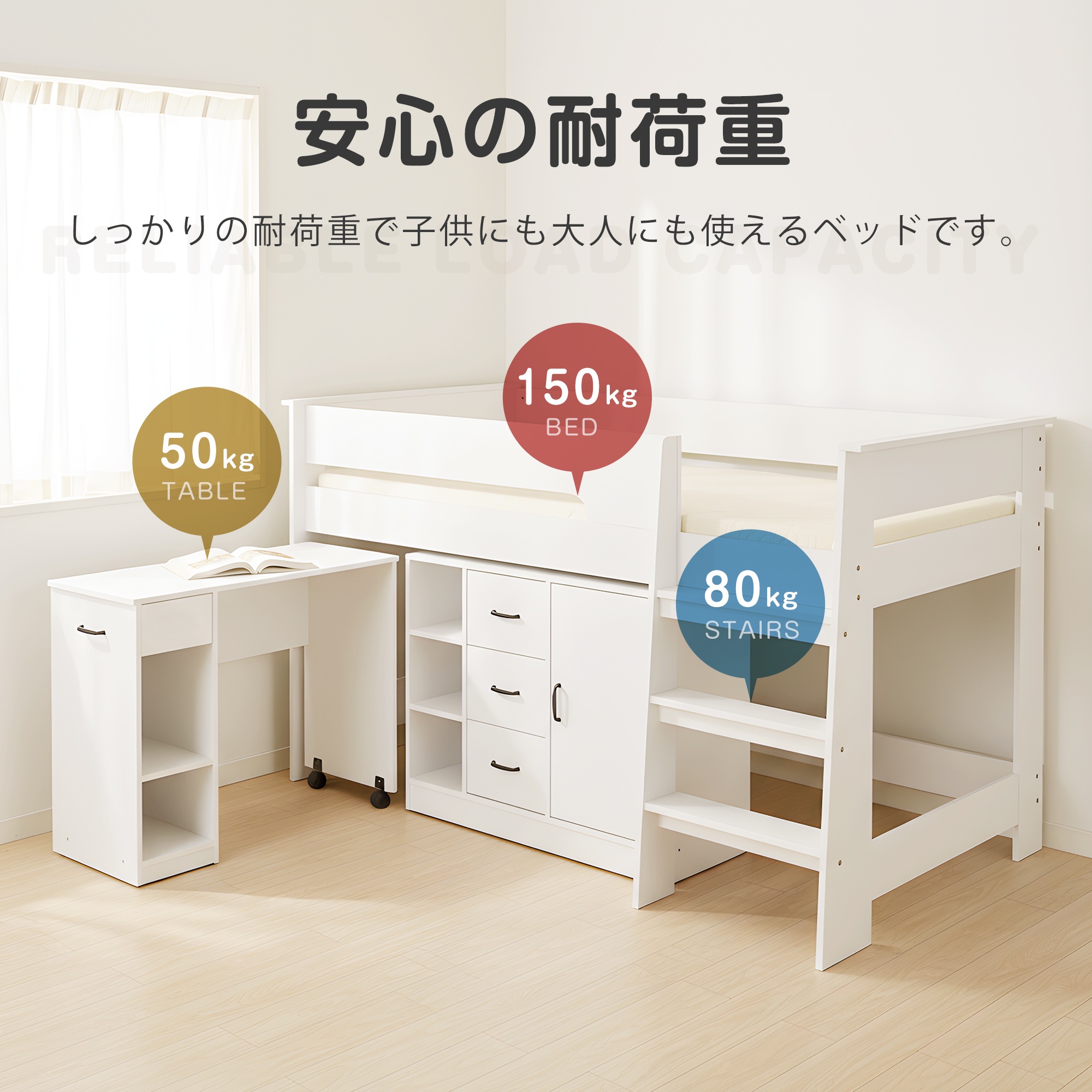 国内発送-送.料.無.料新品175【3梱包】システムベッド 3点セット 分離可能 高さ115cm シングル デスクベッド ロータイプ ハシゴ 学習机 すのこ キャビネット 収納棚 引き出し システムベ_10