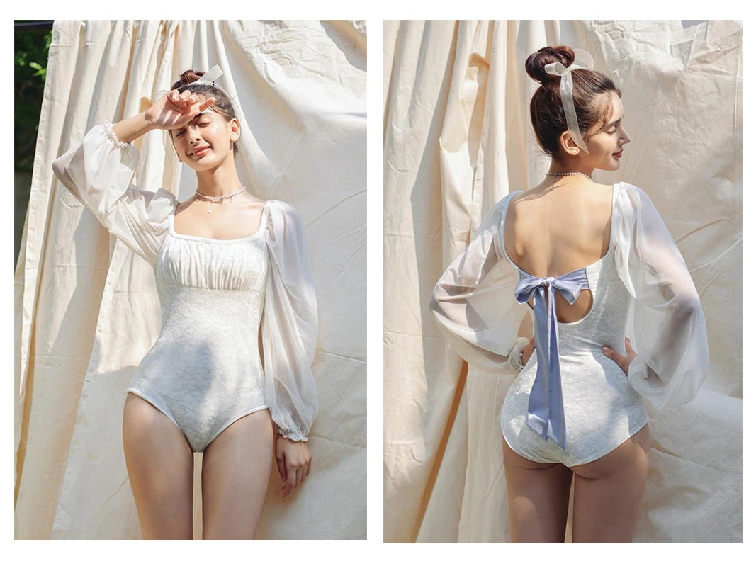 レディース 水着 女の子半袖 長袖 ワンピース バブルの袖 体型カバー ビキニ 水着 小胸 盛れる女子 太もも カバーアップ セクシー ビーチ スクール ショートパンツ一体型バックシャン 無地 海水