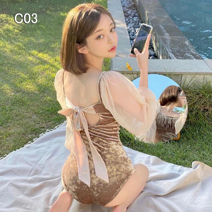 レディース 水着 女の子半袖 長袖 ワンピース バブルの袖 体型カバー ビキニ 水着 小胸 盛れる女子 太もも カバーアップ セクシー ビーチ スクール ショートパンツ一体型バックシャン 無地 海水