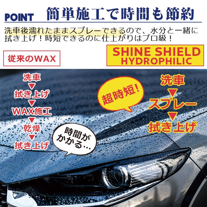 洗車 親水 コーティング剤 SHINE SHIELD Hydrophilic 本体200ml+詰め替え600mlセット 車 親水コート 超艶コート コーティング 親水コーティング 水滴除去 艶 ツ