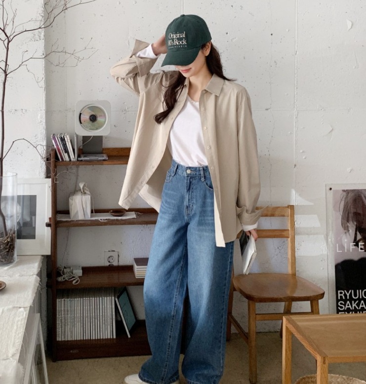 オールマッチ カジュアルロンＴ トップス Tシャツ シャツ プルオーバー 白シャツ 袖あり 長袖 萌袖 Uネック ラウンドネック ストレート Iライン かわいい オールマッチ カジュアルロンT トップス Tシャツ シャツ プル