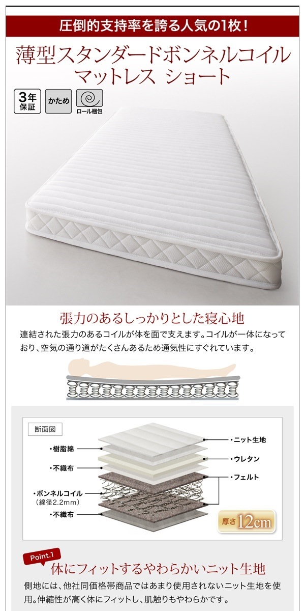 [組立設置料込み]小さな部屋に合う ショート丈 収納ベッド [Odette]オデット [薄型スタンダードボンネルコイルマットレス付き] セミシングル 深さグランド