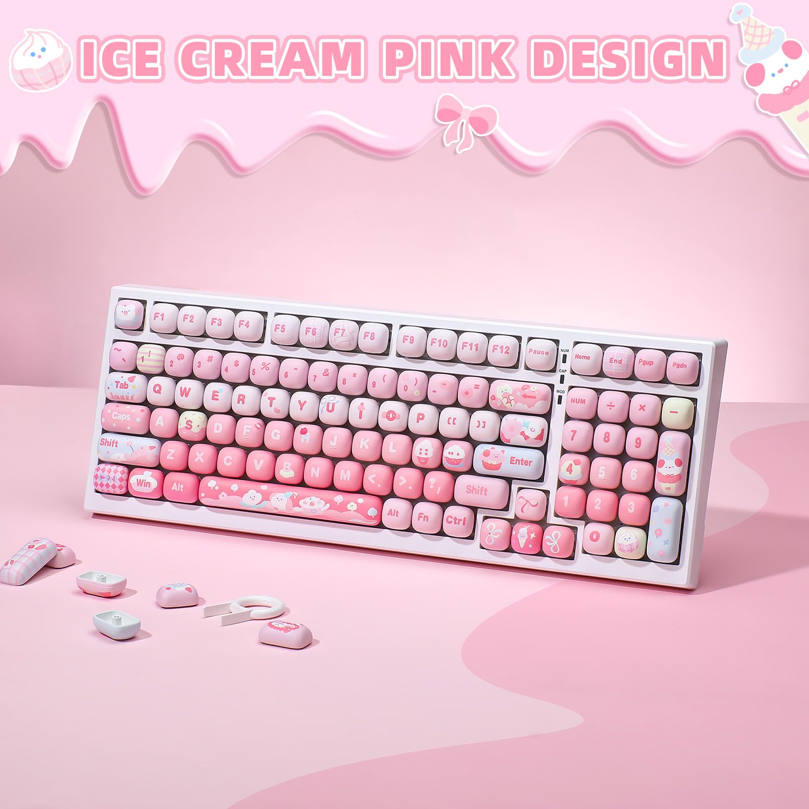 YUNZII MOG プロファイル キーキャップ セット 138キー PBT キーキャップ 昇華型 メカニカルキーボード用 ゲーミングキーボード用 可愛いピンクアイスクリーム カスタムキーキャップ ( YUNZII MOG プロファイル キーキャップ セット 138キー PBT キーキャップ 昇華型 メカニカルキーボード用 ゲーミングキーボード用 可愛いピンクアイスクリーム カスタムキーキャップ (