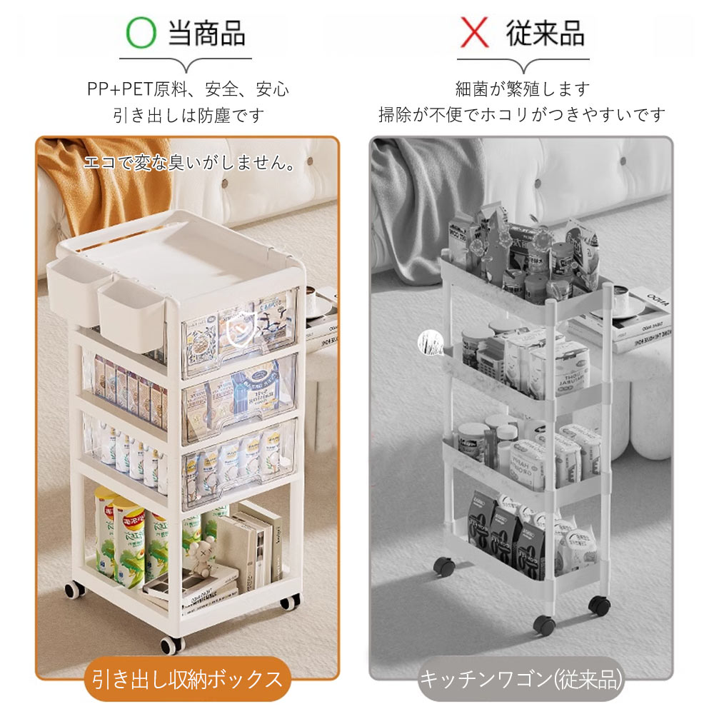 キッチンワゴン 収納 ワゴン キャスター付き 収納カート ベビー用品収納ラック 5段4層 組立簡単 移動式 取っ手 キッチンカート 多機能 ベビーワゴン フック付き 引き出し付き おしゃれ 大容量