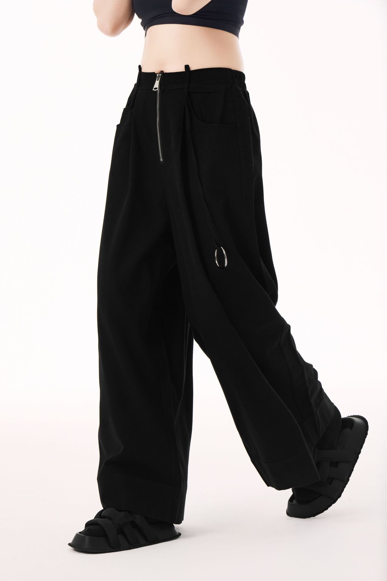 【J.Fashion】 ワイドパンツ ハイウエスト ジップ 秋夏 おしゃれ レディース スラックス 関連商品購入可能 メガ割