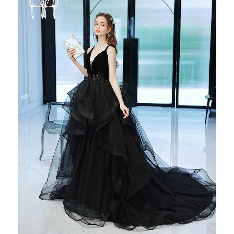 イブニングドレス 黒 ベロア ベルベット 発表会ドレス ロングドレス ブラック レース ウエスト花柄 フレア フリル オシャレ キャミドレス Vネック セクシー パーティードレス 演奏会ドレス コンサ イブニングドレス 黒 ベロア ベルベット 発表会ドレス ロングドレス ブラック レース ウエスト花柄 フレア フリル オシャレ キャミドレス Vネック セクシー パーティードレス 演奏会ドレス コンサ