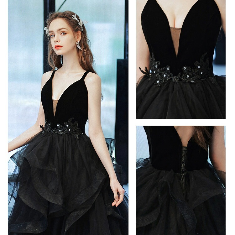 イブニングドレス 黒 ベロア ベルベット 発表会ドレス ロングドレス ブラック レース ウエスト花柄 フレア フリル オシャレ キャミドレス Vネック セクシー パーティードレス 演奏会ドレス コンサ イブニングドレス 黒 ベロア ベルベット 発表会ドレス ロングドレス ブラック レース ウエスト花柄 フレア フリル オシャレ キャミドレス Vネック セクシー パーティードレス 演奏会ドレス コンサ