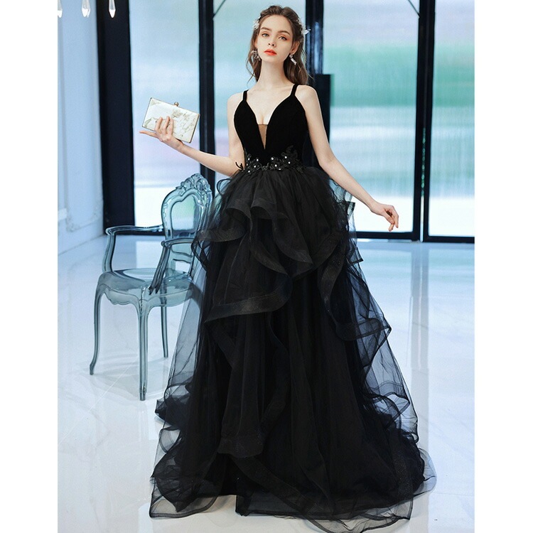 イブニングドレス 黒 ベロア ベルベット 発表会ドレス ロングドレス ブラック レース ウエスト花柄 フレア フリル オシャレ キャミドレス Vネック セクシー パーティードレス 演奏会ドレス コンサ イブニングドレス 黒 ベロア ベルベット 発表会ドレス ロングドレス ブラック レース ウエスト花柄 フレア フリル オシャレ キャミドレス Vネック セクシー パーティードレス 演奏会ドレス コンサ