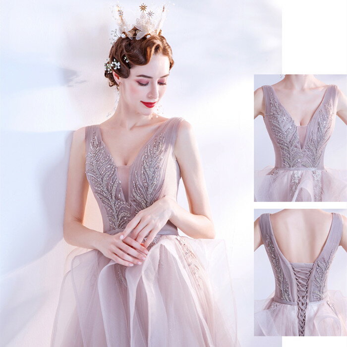 カラードレス ウェディングドレス ピンク着後ﾚﾋﾞｭｰ特典すっきりしたVネックにボタニカル刺繍とふんわりシルエットが可愛いチュール Aライン ロングトレーンドレス ヌーディーカラー ワンピース ボリュ