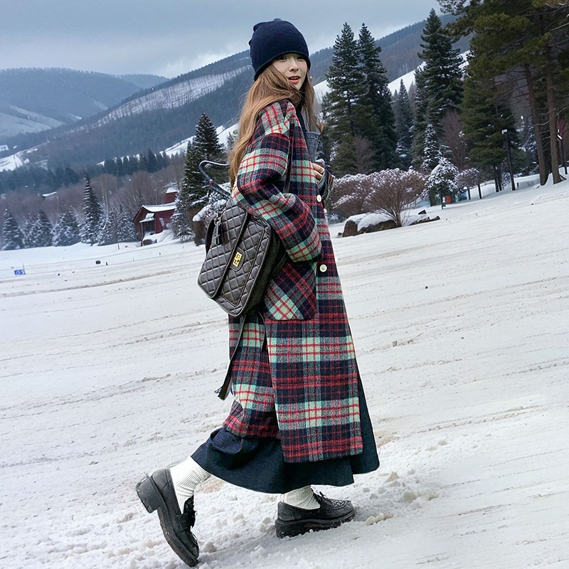 レトロチェック両面ツイードカシミヤコート2024新気質ブリティッシュスタイルロング厚手ツイードジャケット