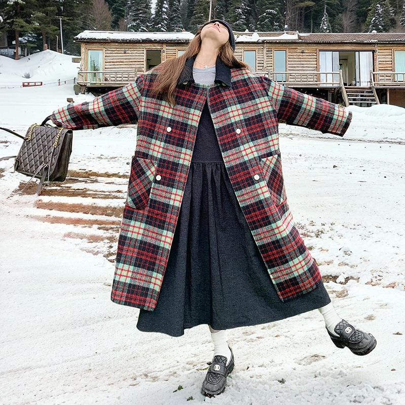 レトロチェック両面ツイードカシミヤコート2024新気質ブリティッシュスタイルロング厚手ツイードジャケット