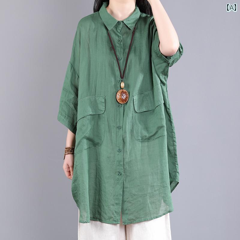 レディース　シャツ　トップス リネンシャツ レディース ハイエンドの 夏の 薄手 綿 リネンの 無地の ミドル丈の 大きいサイズ シャツ ミッド スリーブ