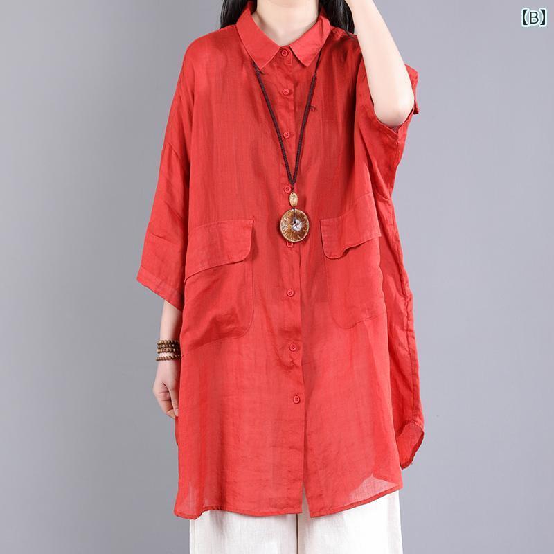 レディース　シャツ　トップス リネンシャツ レディース ハイエンドの 夏の 薄手 綿 リネンの 無地の ミドル丈の 大きいサイズ シャツ ミッド スリーブ