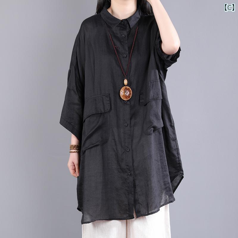 レディース　シャツ　トップス リネンシャツ レディース ハイエンドの 夏の 薄手 綿 リネンの 無地の ミドル丈の 大きいサイズ シャツ ミッド スリーブ