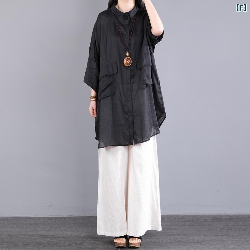 レディース　シャツ　トップス リネンシャツ レディース ハイエンドの 夏の 薄手 綿 リネンの 無地の ミドル丈の 大きいサイズ シャツ ミッド スリーブ