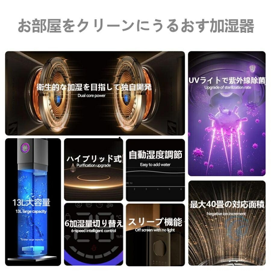 【即納86】加湿器 超音波式 大容量13L 空気清浄機 花粉対策 UVライト付き 除菌 自動湿度調節 空焚き防止 上部給水 6段階調節 最大噴霧量1000MLH 40畳 業務用 寝室 静音 節電 省エ