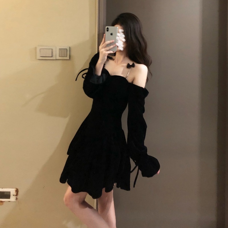 ブラックベルベットドレス気質婚約誕生日パーティードレス ブラックベルベットドレス気質婚約誕生日パーティードレス