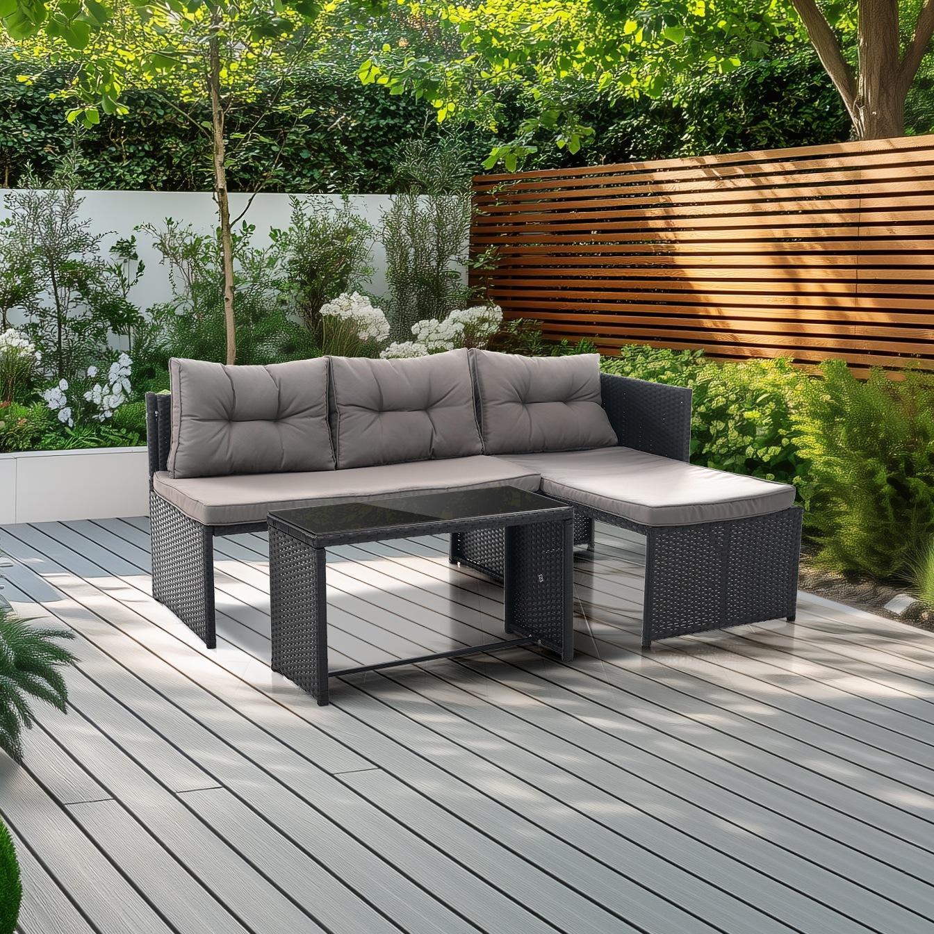 ラタン調ガーデンファニチャーセット ガーデンテーブルセット ガーデンチェアー 家具 樹脂 ホテル カフェ ベランダ テラス 屋外家具 高級 ソファ 【本体ブラック+クッショングレー】 ラタン調ガーデンファニチャーセット ガーデンテーブルセット ガーデンチェアー 家具 樹脂 ホテル カフェ ベランダ テラス 屋外家具 高級 ソファ 【本体ブラック+クッショングレー】