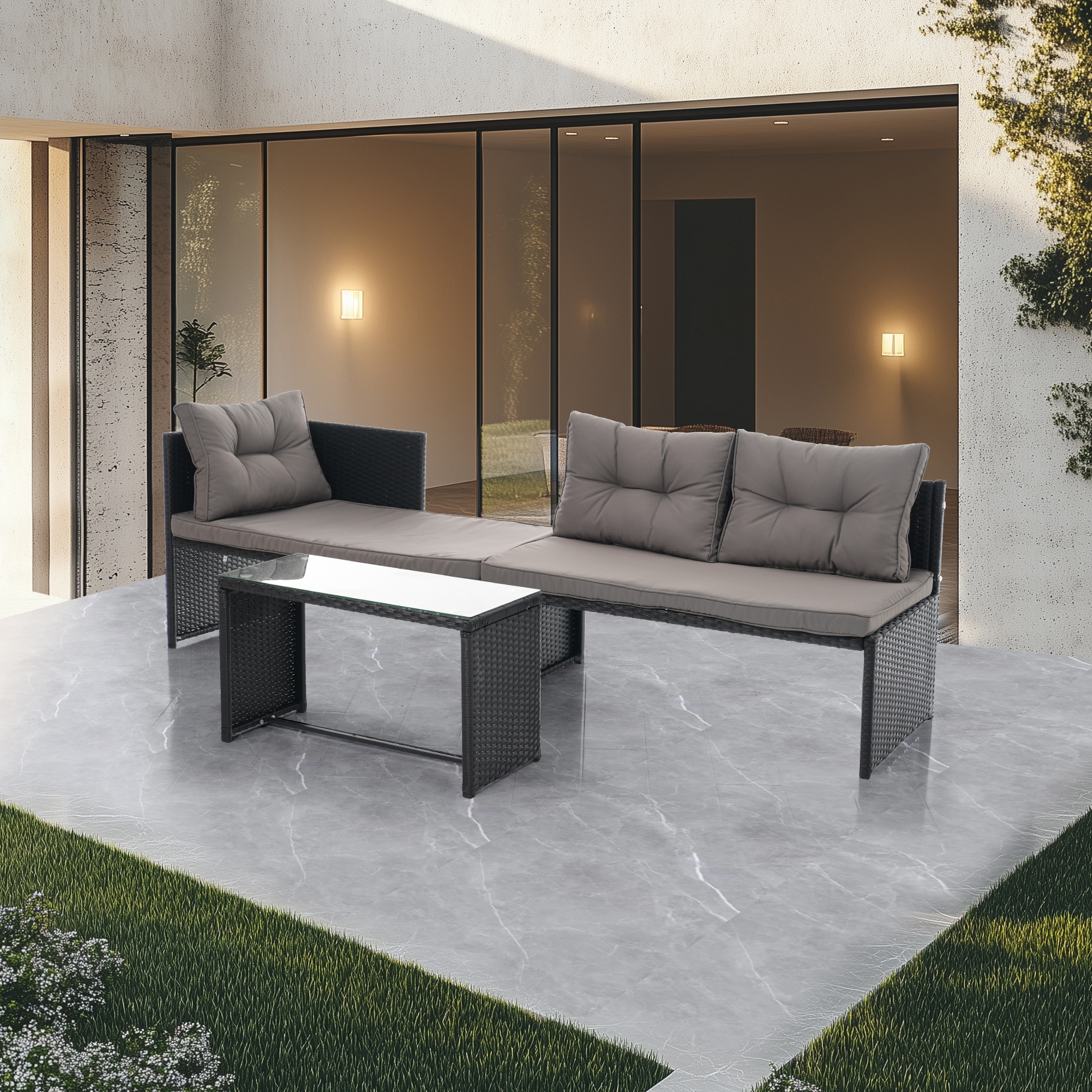 ラタン調ガーデンファニチャーセット ガーデンテーブルセット ガーデンチェアー 家具 樹脂 ホテル カフェ ベランダ テラス 屋外家具 高級 ソファ 【本体ブラック+クッショングレー】 ラタン調ガーデンファニチャーセット ガーデンテーブルセット ガーデンチェアー 家具 樹脂 ホテル カフェ ベランダ テラス 屋外家具 高級 ソファ 【本体ブラック+クッショングレー】
