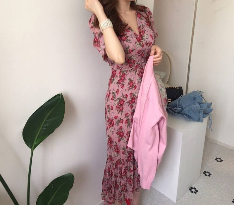 ワンピース レディース シャツ ブラウス ロング ワンピ 半袖 五分袖 夏 フレア スリム タイト 花柄 Vネック イベント 休日 お出かけ デート コーデ 女子会 普段使い エレガント