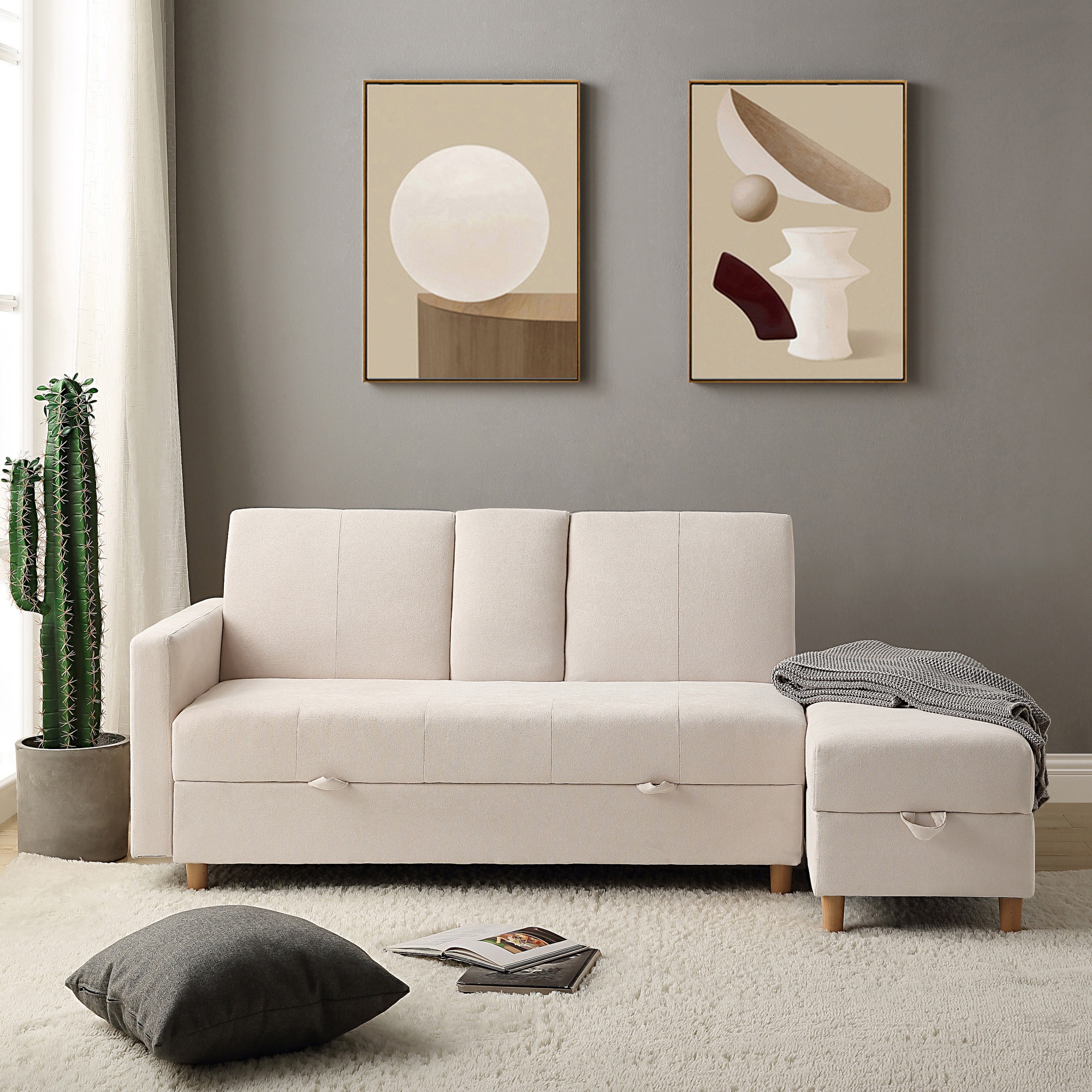 【国内出荷】ソファー 3人掛け ソファ 多機能ソファベッド 収納機能 引き出し オットマン おしゃれ コーナーソファー コーナー 【アイボリー】