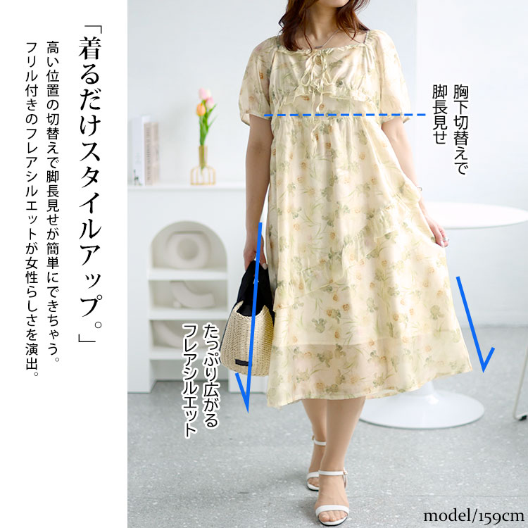 【即納】大きいサイズレディース ワンピース 花柄バックシャーリング花柄 ワンピ ロング スクエアネック 半袖 バックシャーリング 花柄 シアー 裏地 ファスナー フレア フリル リボン ガーリー お呼