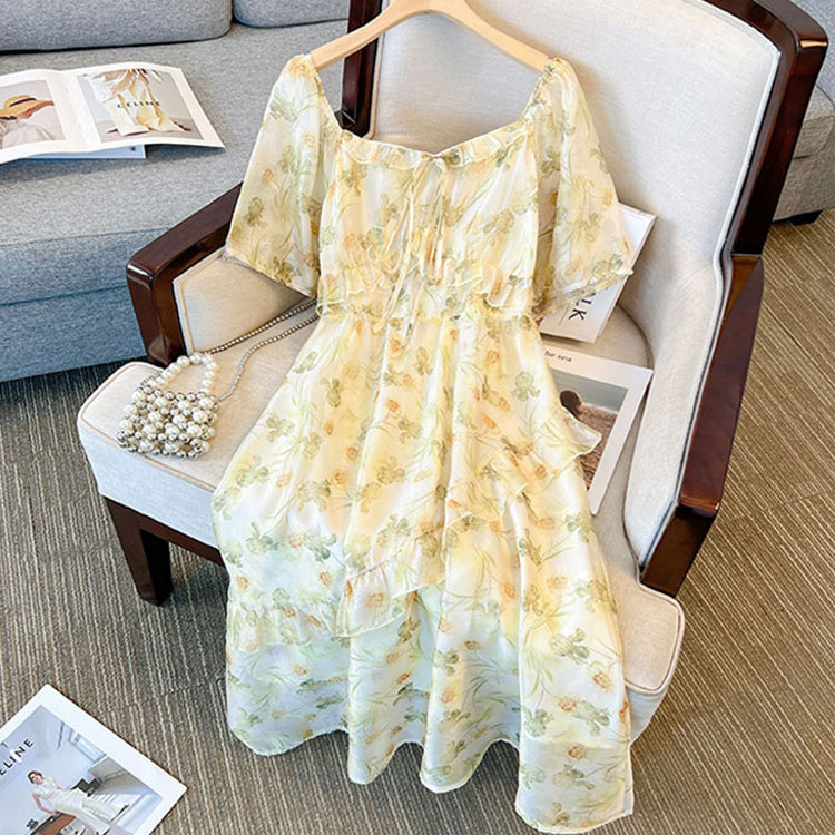 【即納】大きいサイズレディース ワンピース 花柄バックシャーリング花柄 ワンピ ロング スクエアネック 半袖 バックシャーリング 花柄 シアー 裏地 ファスナー フレア フリル リボン ガーリー お呼