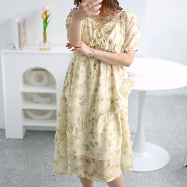 【即納】大きいサイズレディース ワンピース 花柄バックシャーリング花柄 ワンピ ロング スクエアネック 半袖 バックシャーリング 花柄 シアー 裏地 ファスナー フレア フリル リボン ガーリー お呼