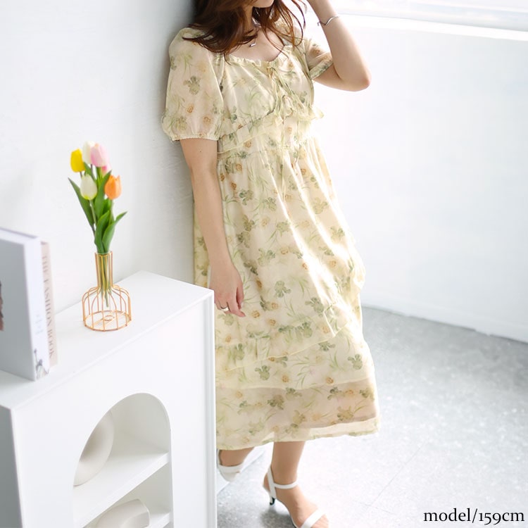 【即納】大きいサイズレディース ワンピース 花柄バックシャーリング花柄 ワンピ ロング スクエアネック 半袖 バックシャーリング 花柄 シアー 裏地 ファスナー フレア フリル リボン ガーリー お呼