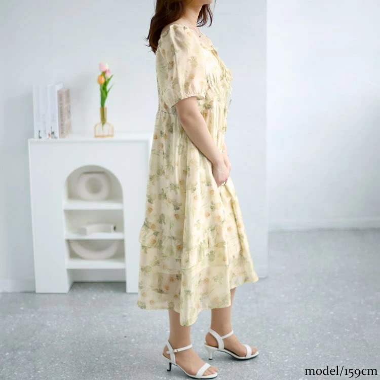 【即納】大きいサイズレディース ワンピース 花柄バックシャーリング花柄 ワンピ ロング スクエアネック 半袖 バックシャーリング 花柄 シアー 裏地 ファスナー フレア フリル リボン ガーリー お呼