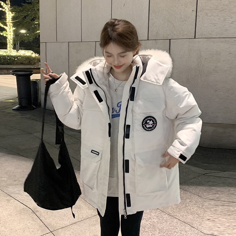 ダウン綿服女性2023年新型冬に帽子付き綿入れの上着を厚くした女性韓国版ゆるい綿入れの工装服コート