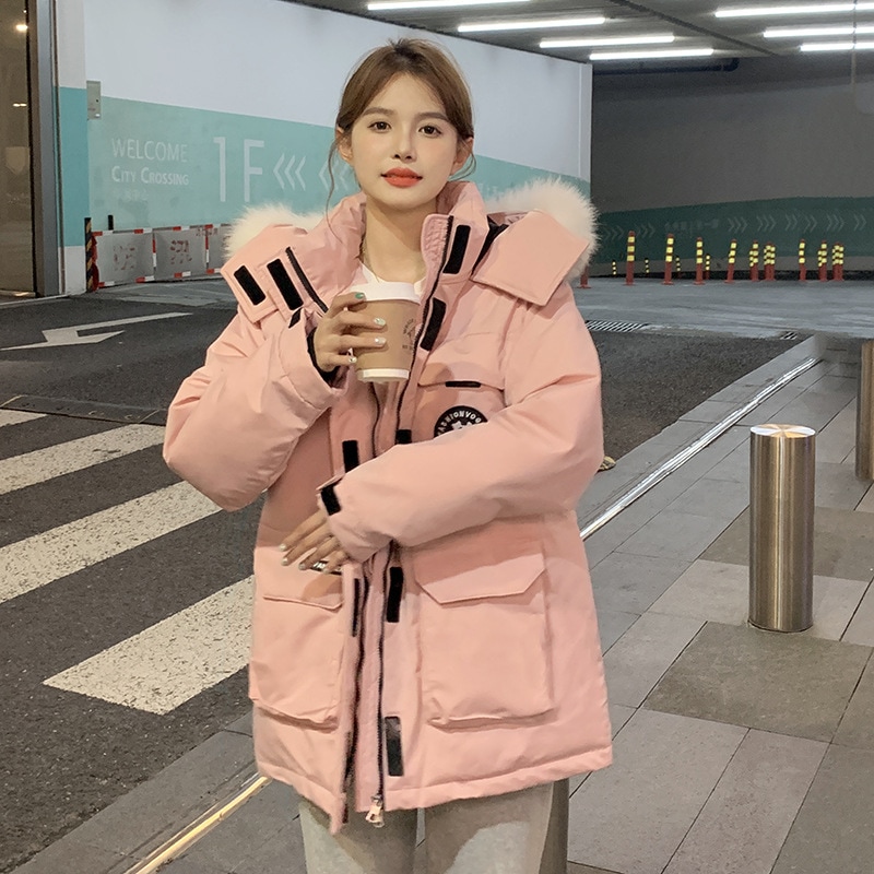 ダウン綿服女性2023年新型冬に帽子付き綿入れの上着を厚くした女性韓国版ゆるい綿入れの工装服コート