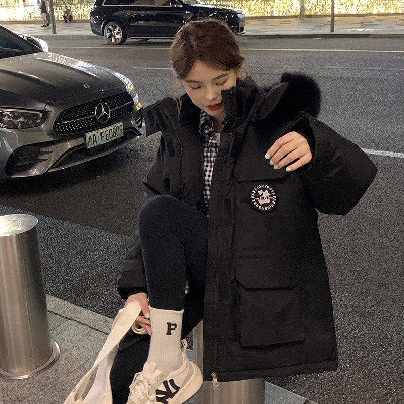 ダウン綿服女性2023年新型冬に帽子付き綿入れの上着を厚くした女性韓国版ゆるい綿入れの工装服コート