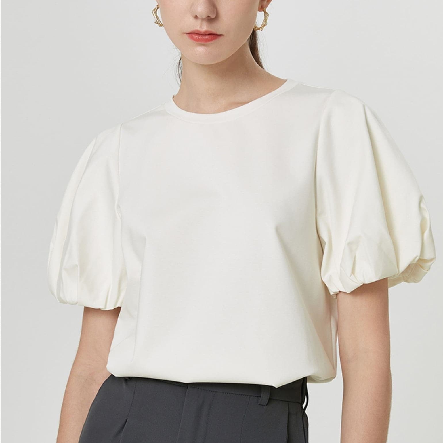 レディース トップス シャツ Tシャツ 白トップス デザイントップス パフスリーブ クルーネック