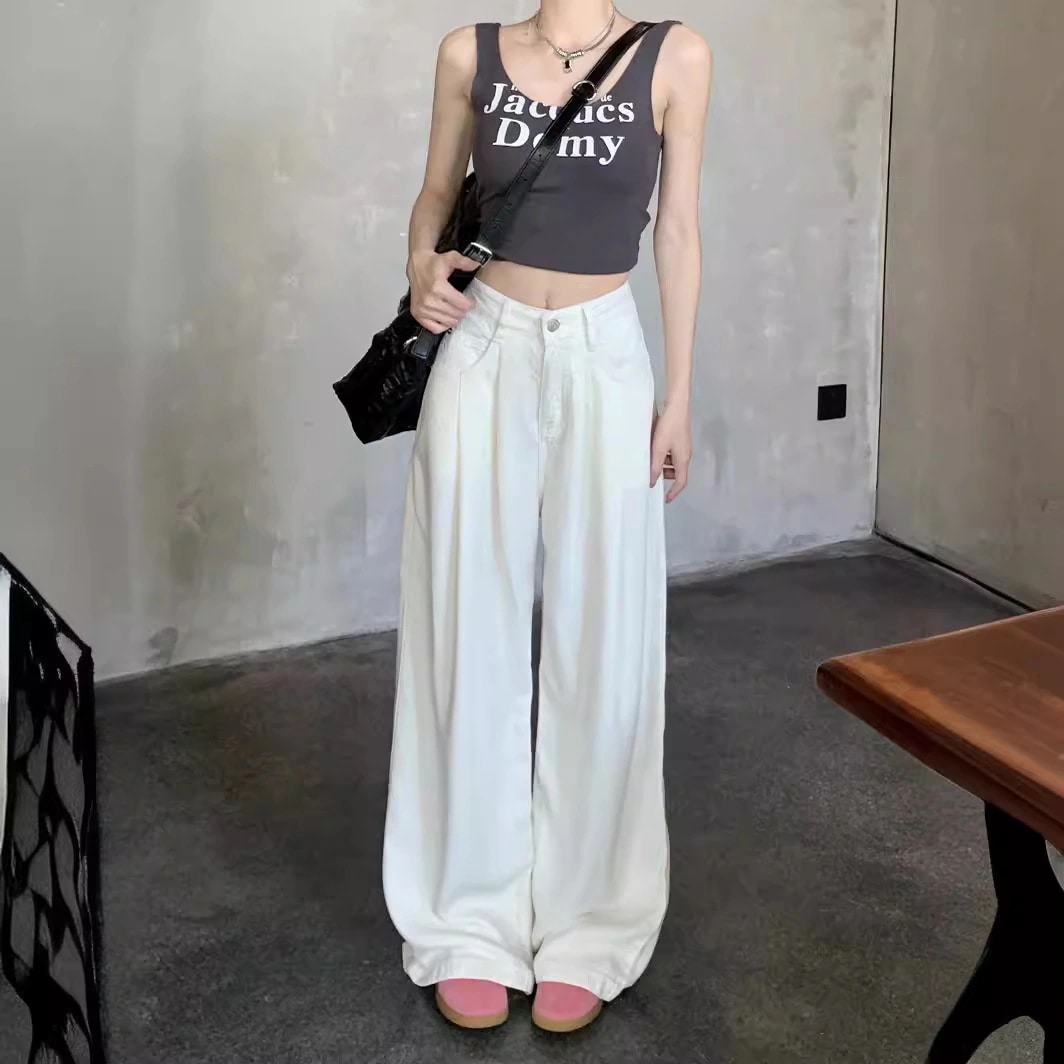 女性用白ハイウエストジーンズ2024春春先ゆったり着痩せドレープワイドレッグフロアレングスパンツ 女性用白ハイウエストジーンズ2024春春先ゆったり着痩せドレープワイドレッグフロアレングスパンツ