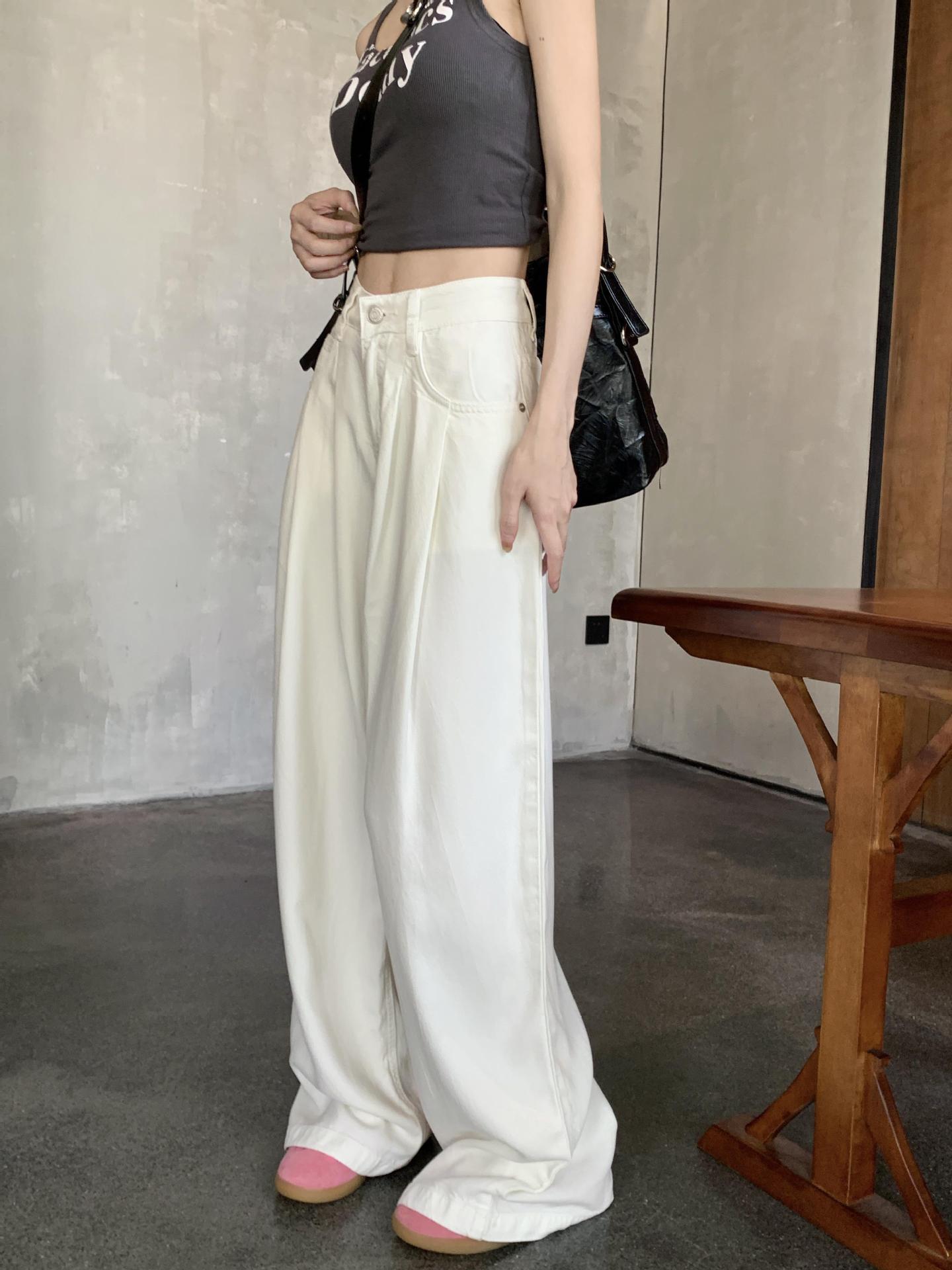 女性用白ハイウエストジーンズ2024春春先ゆったり着痩せドレープワイドレッグフロアレングスパンツ 女性用白ハイウエストジーンズ2024春春先ゆったり着痩せドレープワイドレッグフロアレングスパンツ