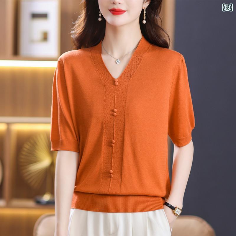 Vネック　Tシャツ　レディース 太めの mmの 夏用 特大 サイズ 冷感 ニット セーター 女性用 200ポンドの お腹を カバー できる Vネック トップの シルク 半袖 Tシャツ