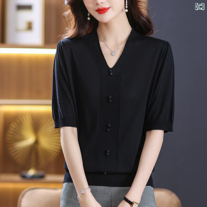 Vネック　Tシャツ　レディース 太めの mmの 夏用 特大 サイズ 冷感 ニット セーター 女性用 200ポンドの お腹を カバー できる Vネック トップの シルク 半袖 Tシャツ