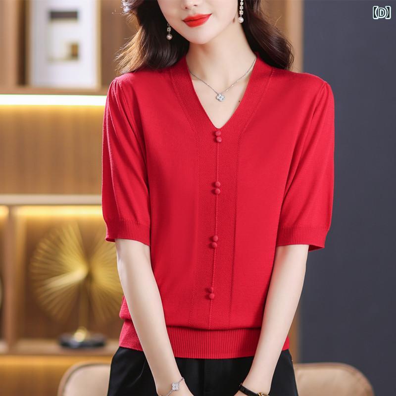 Vネック　Tシャツ　レディース 太めの mmの 夏用 特大 サイズ 冷感 ニット セーター 女性用 200ポンドの お腹を カバー できる Vネック トップの シルク 半袖 Tシャツ