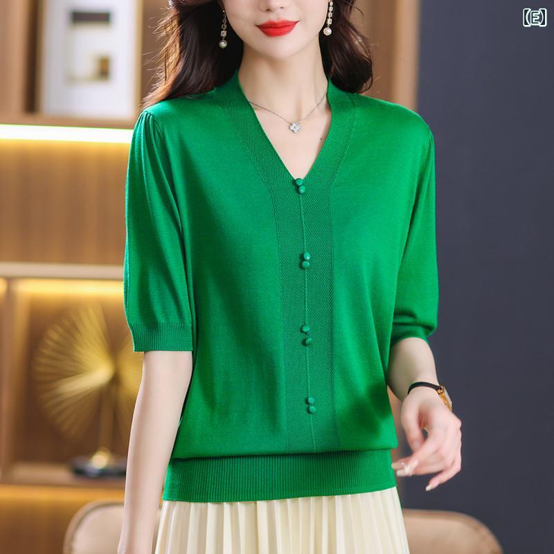 Vネック　Tシャツ　レディース 太めの mmの 夏用 特大 サイズ 冷感 ニット セーター 女性用 200ポンドの お腹を カバー できる Vネック トップの シルク 半袖 Tシャツ