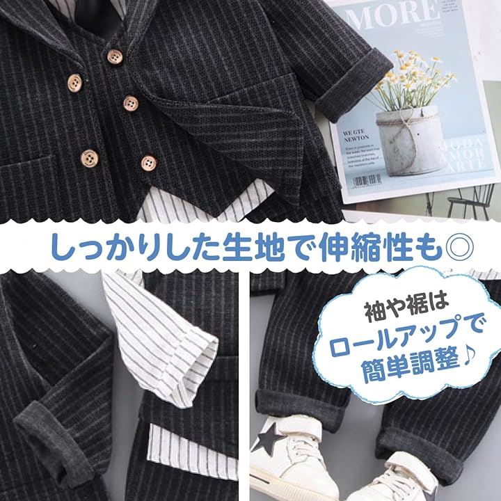 ベビー フォーマル 6点セット 男の子 セットアップ スーツ ベスト シャツ 蝶ネクタイ 100cm( ブラック, 100)
