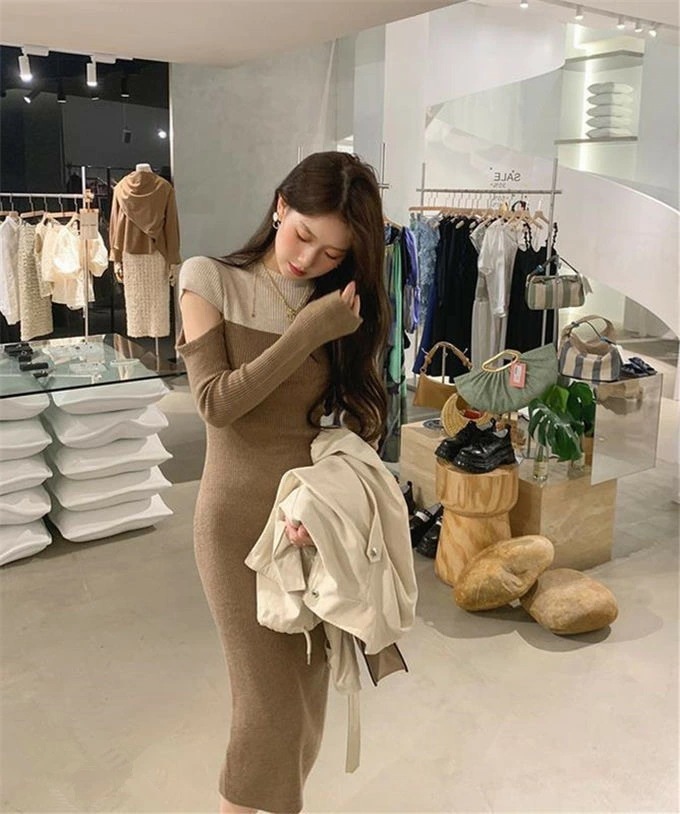 タイトワンピース レディース ニットワンピース ロング丈 リブ バイカラー切り替え ベアトップ きれいめ カジュアル セクシー 大人 長袖 美しい 大きいサイズ 細見え 春 秋 冬 送料無料 タイトワンピース レディース ニットワンピース ロング丈 リブ バイカラー切り替え ベアトップ きれいめ カジュアル セクシー 大人 長袖 美しい 大きいサイズ 細見え 春 秋 冬 送料無料