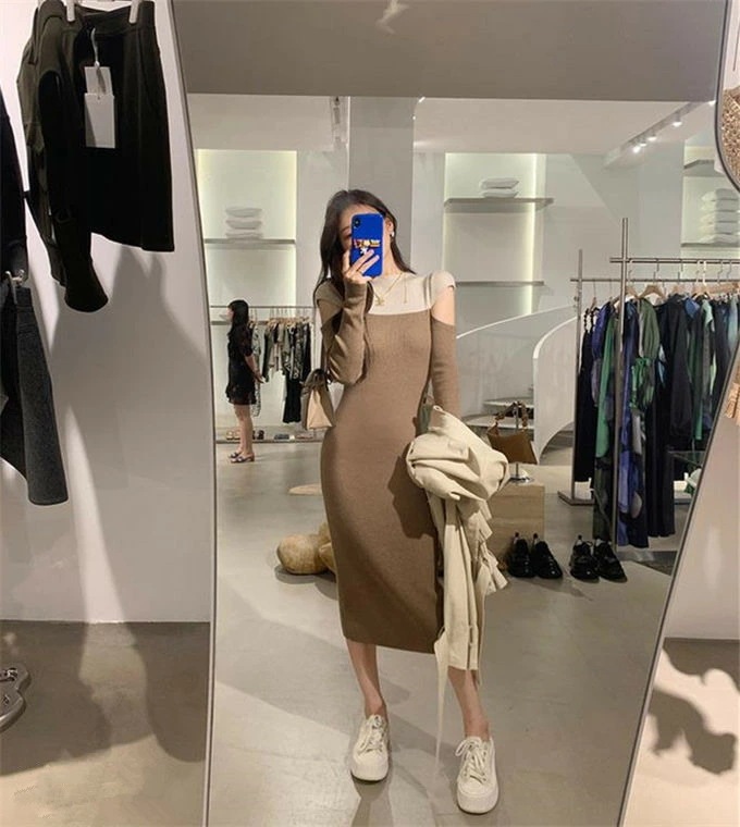 タイトワンピース レディース ニットワンピース ロング丈 リブ バイカラー切り替え ベアトップ きれいめ カジュアル セクシー 大人 長袖 美しい 大きいサイズ 細見え 春 秋 冬 送料無料 タイトワンピース レディース ニットワンピース ロング丈 リブ バイカラー切り替え ベアトップ きれいめ カジュアル セクシー 大人 長袖 美しい 大きいサイズ 細見え 春 秋 冬 送料無料