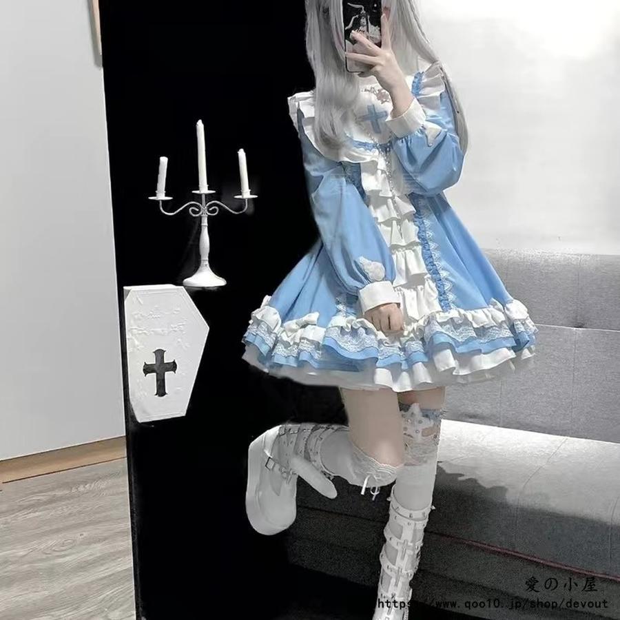 オリジナルゴシックシスター風ロリータブルー白ワンピースワンピースロリータキュートな日常