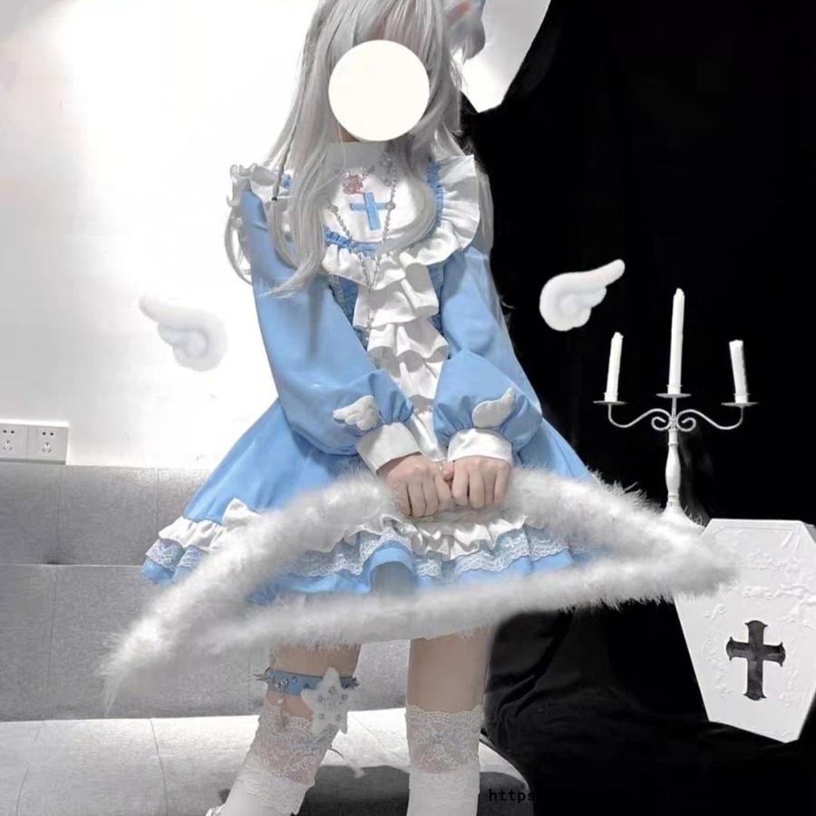 オリジナルゴシックシスター風ロリータブルー白ワンピースワンピースロリータキュートな日常
