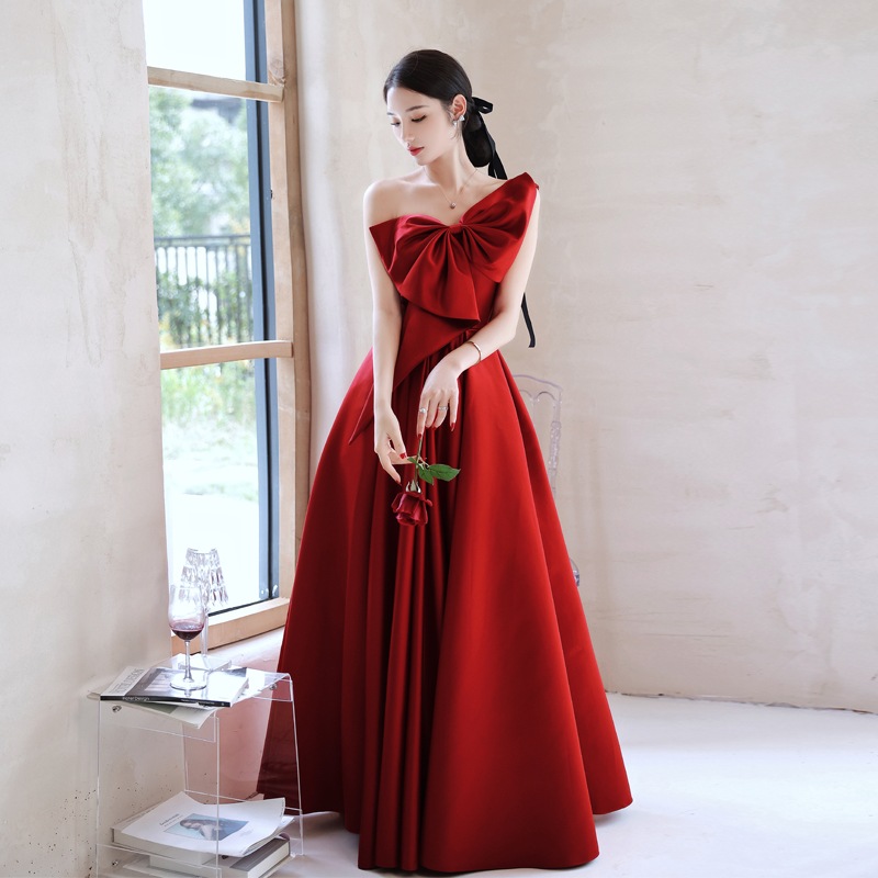 ウェア花嫁のバーガンディリボンドレス女性用2025年秋新作成人セレモニードレス