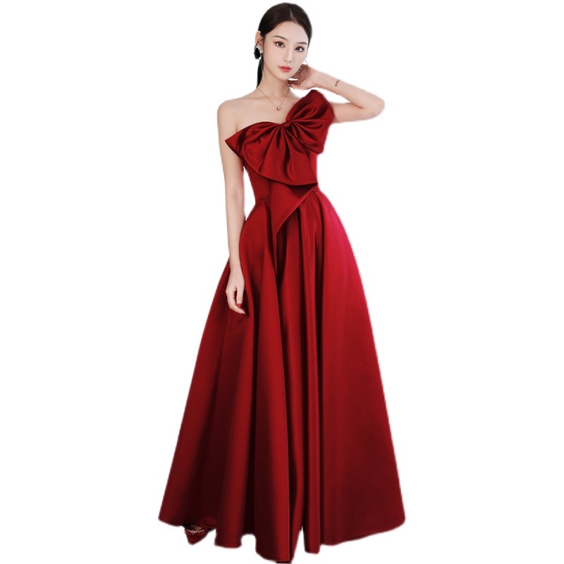 ウェア花嫁のバーガンディリボンドレス女性用2025年秋新作成人セレモニードレス