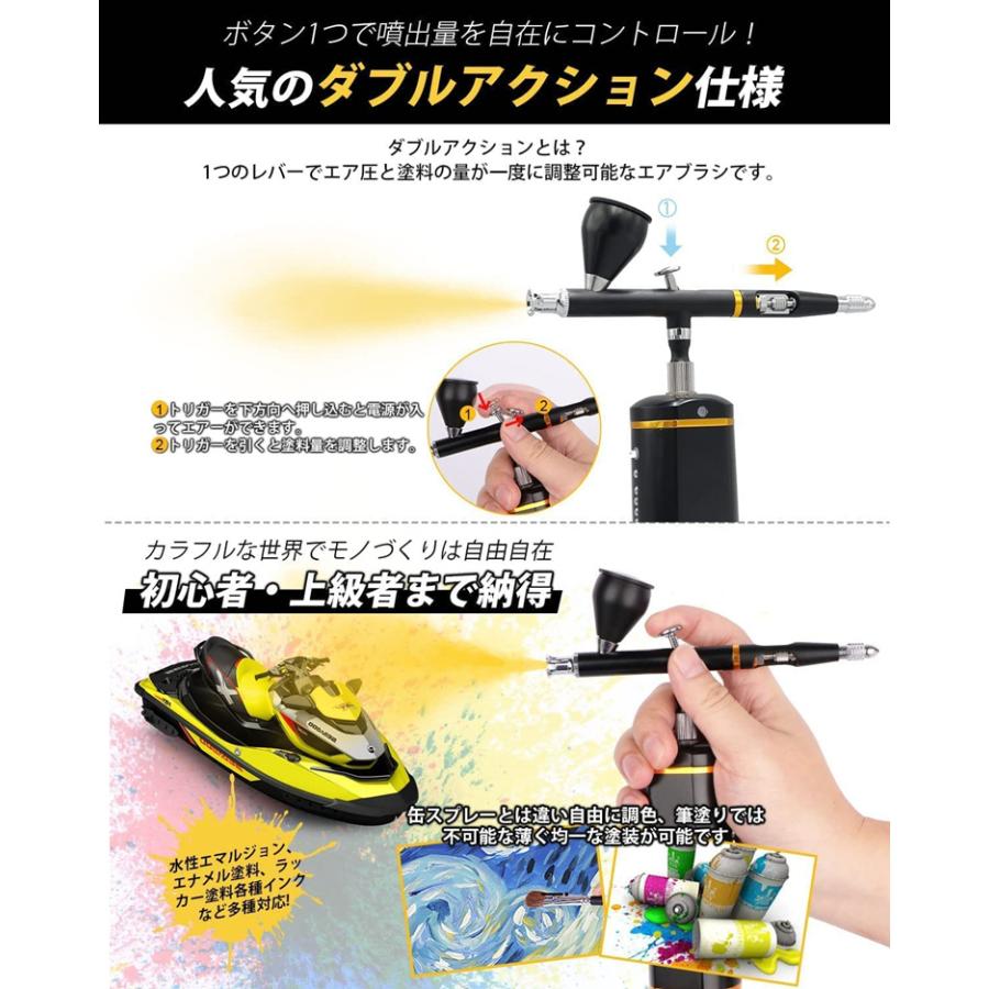 エアブラシ 1500mAh電池 自動電源 オートスイッチ 口径0.3mm USB充電式 エア調整バルブ付 コンプレッサー プラモデル 絵画 模型 塗装工具 DIY
